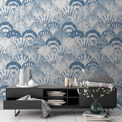 Μπλε μοτίβο με κοχύλια, Line Art, Ταπετσαρίες Τοίχου, 100 x 100 εκ.